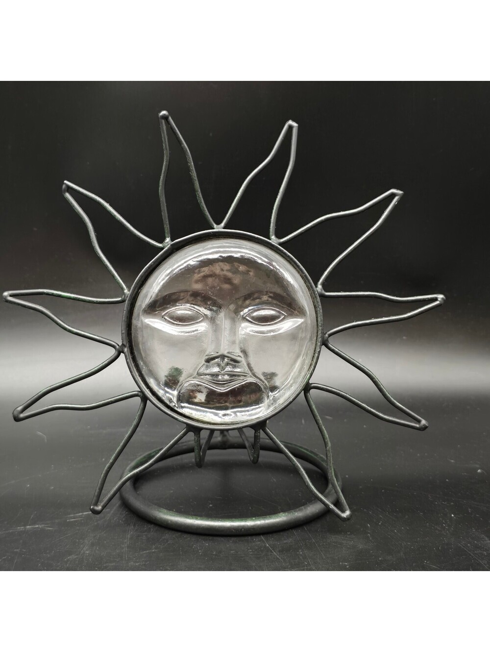 Vintage 90s Celestial Sun Face Candle Holder Glass Metal Verdigris Whimsigoth